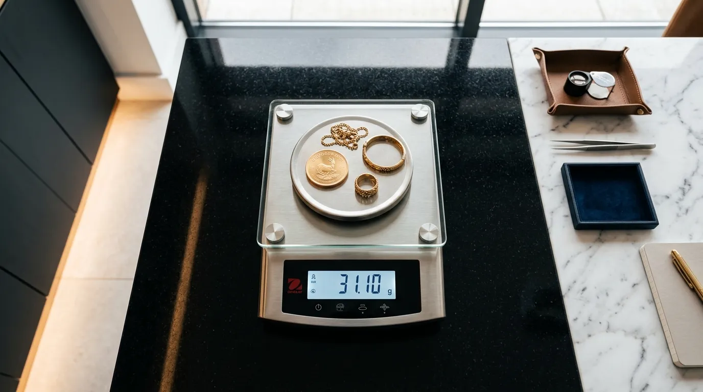 Eine glänzende Goldmünze und edler Goldschmuck liegen auf einer feinen Waage in einer modernen Händlerfiliale zur Wertermittlung.